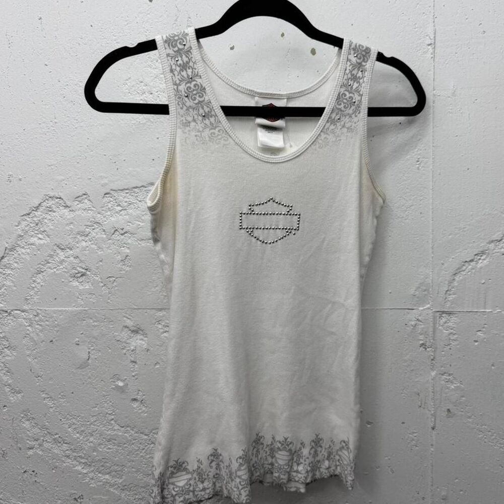 Y2K Women’s White Harley Davison Logo Sequin  Tank Top